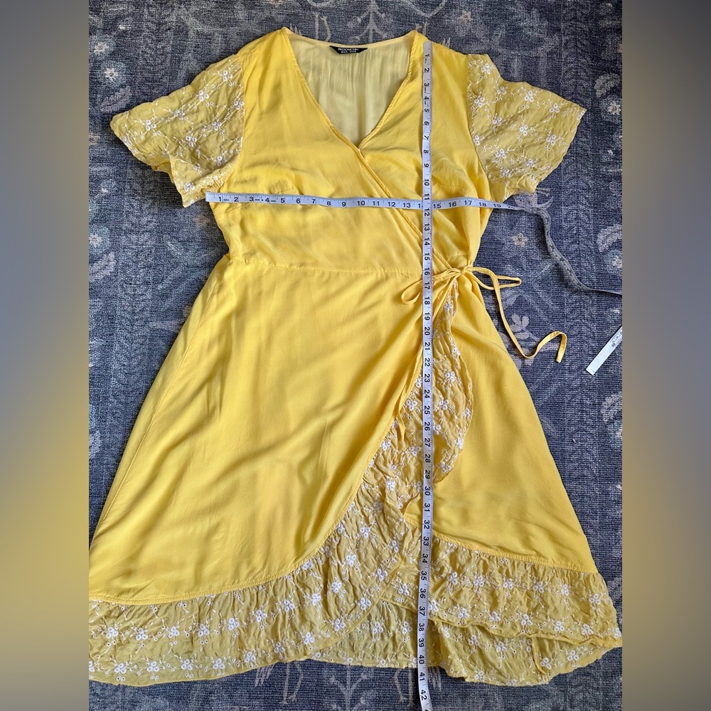 BloomChic Yellow Wrap Midi Dress with embroidered floral sleeves and hem - Picture 5 of 5